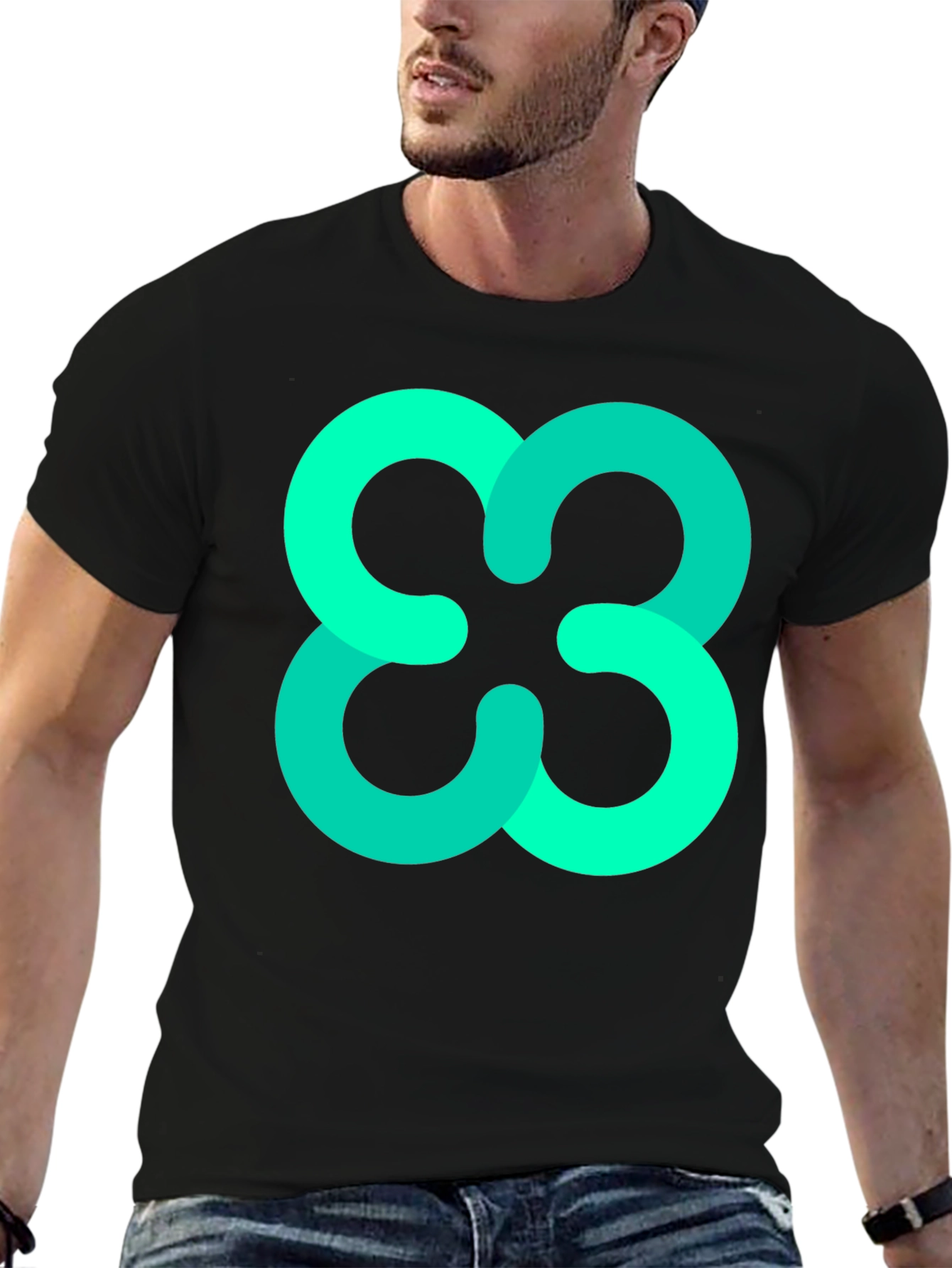 Abstract Teal Cloverleaf Graphic Black T-Shirt