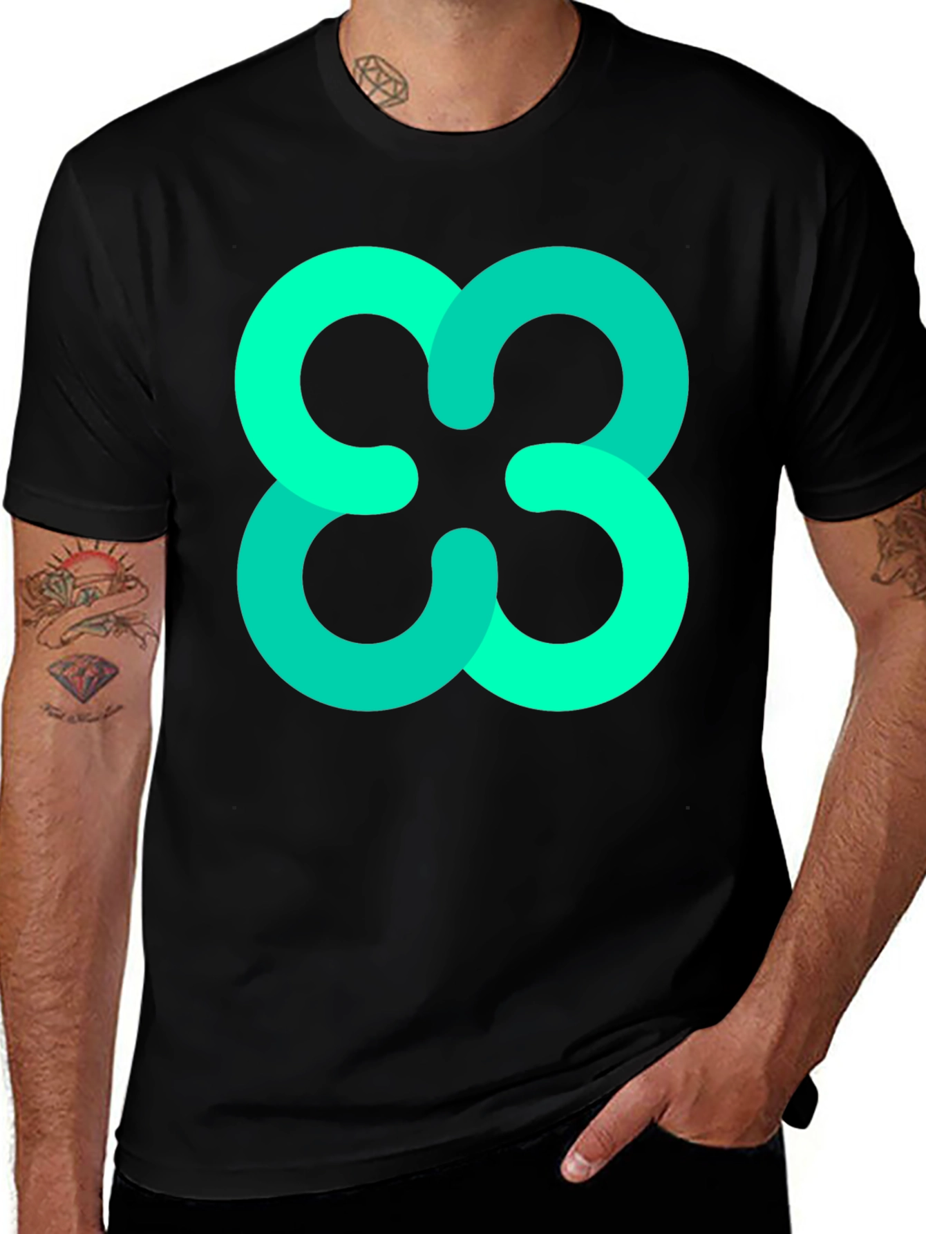 Abstract Teal Cloverleaf Graphic Black T-Shirt