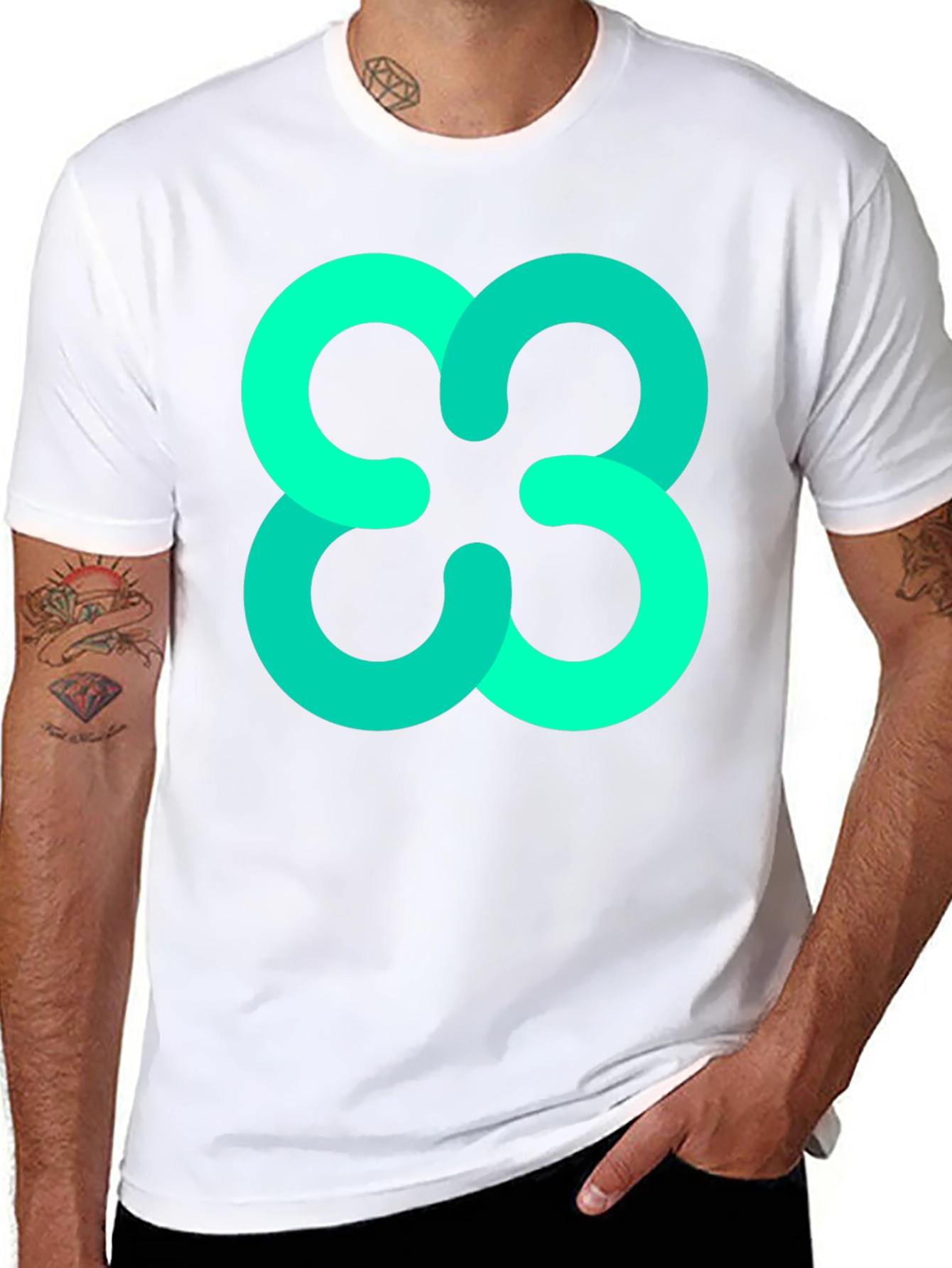 Abstract Teal Cloverleaf Graphic Black T-Shirt