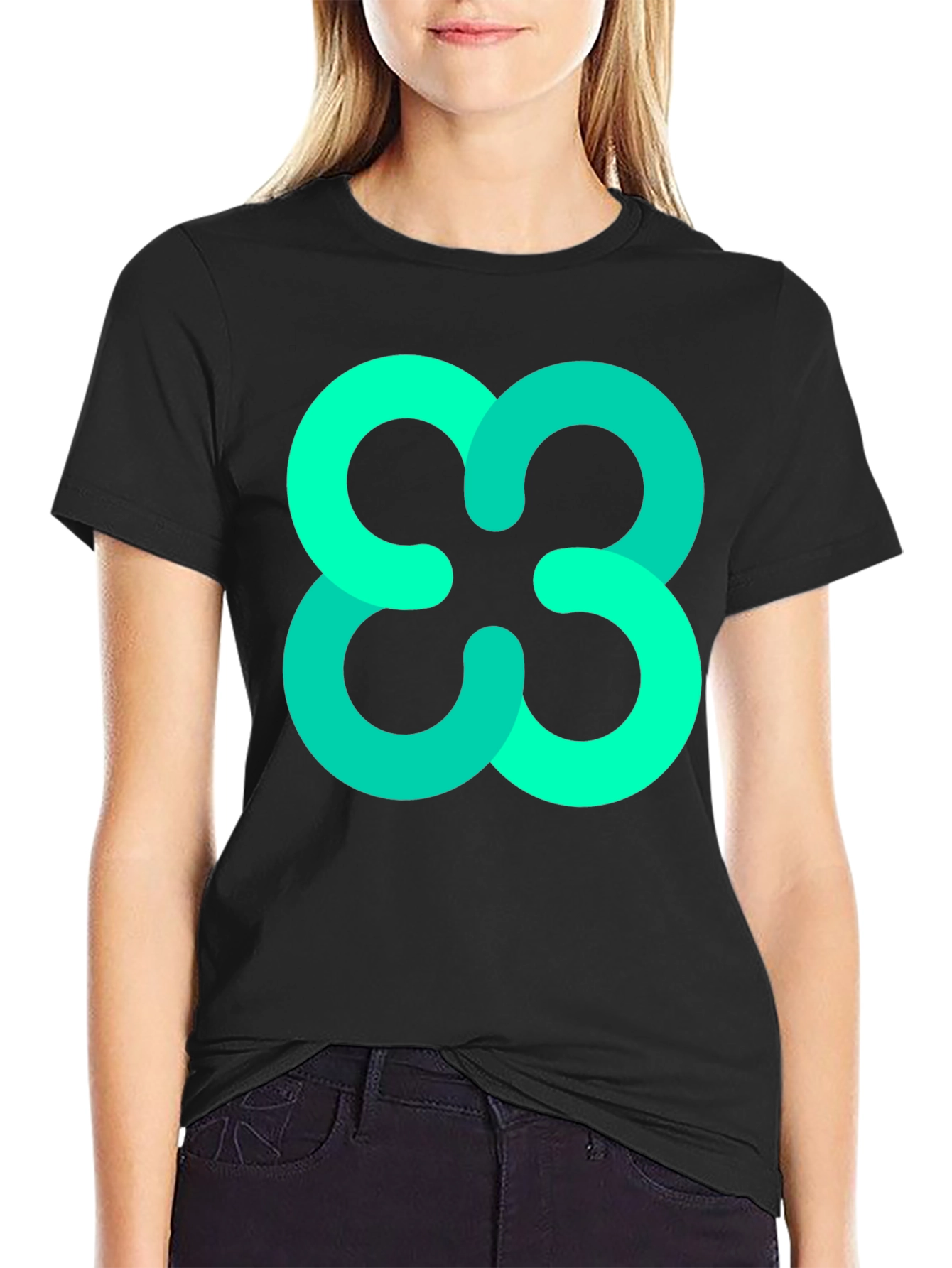 Abstract Teal Cloverleaf Graphic Black T-Shirt
