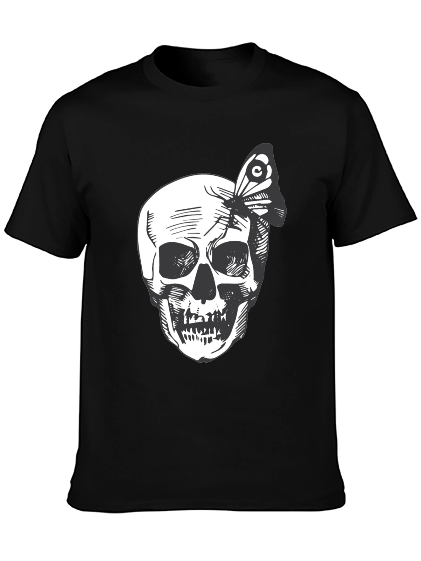 Skull and Butterfly Graphic Tee - Black Cotton