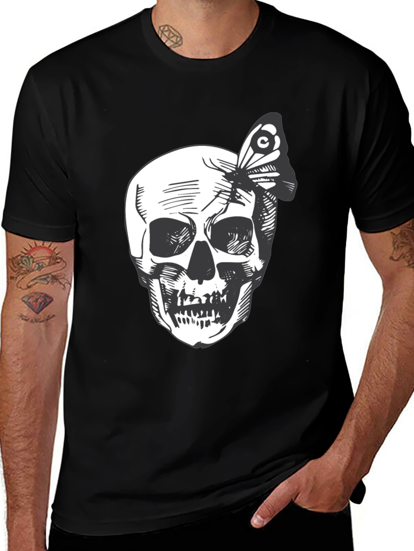 Skull and Butterfly Graphic Tee - Black Cotton