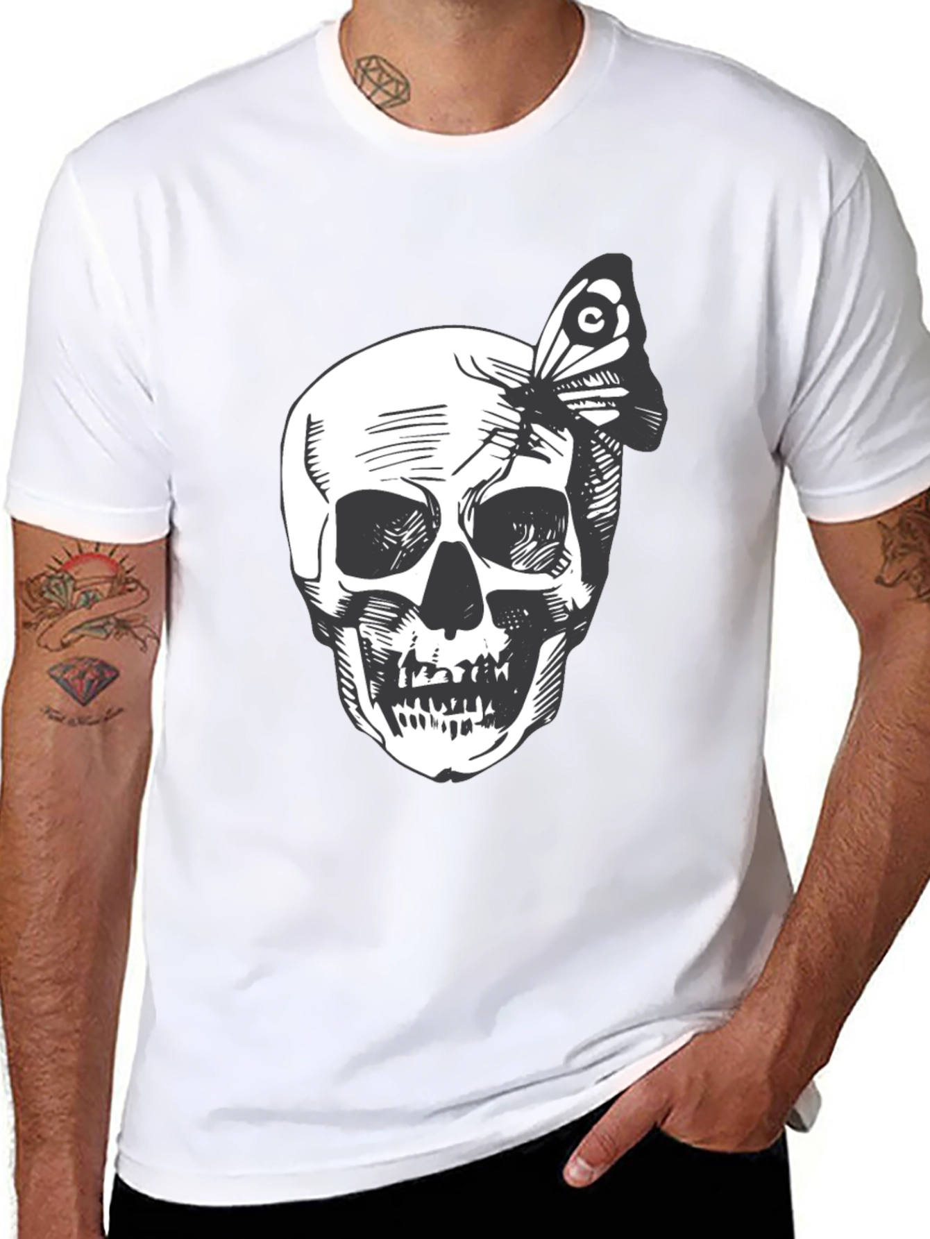 Skull and Butterfly Graphic Tee - Black Cotton