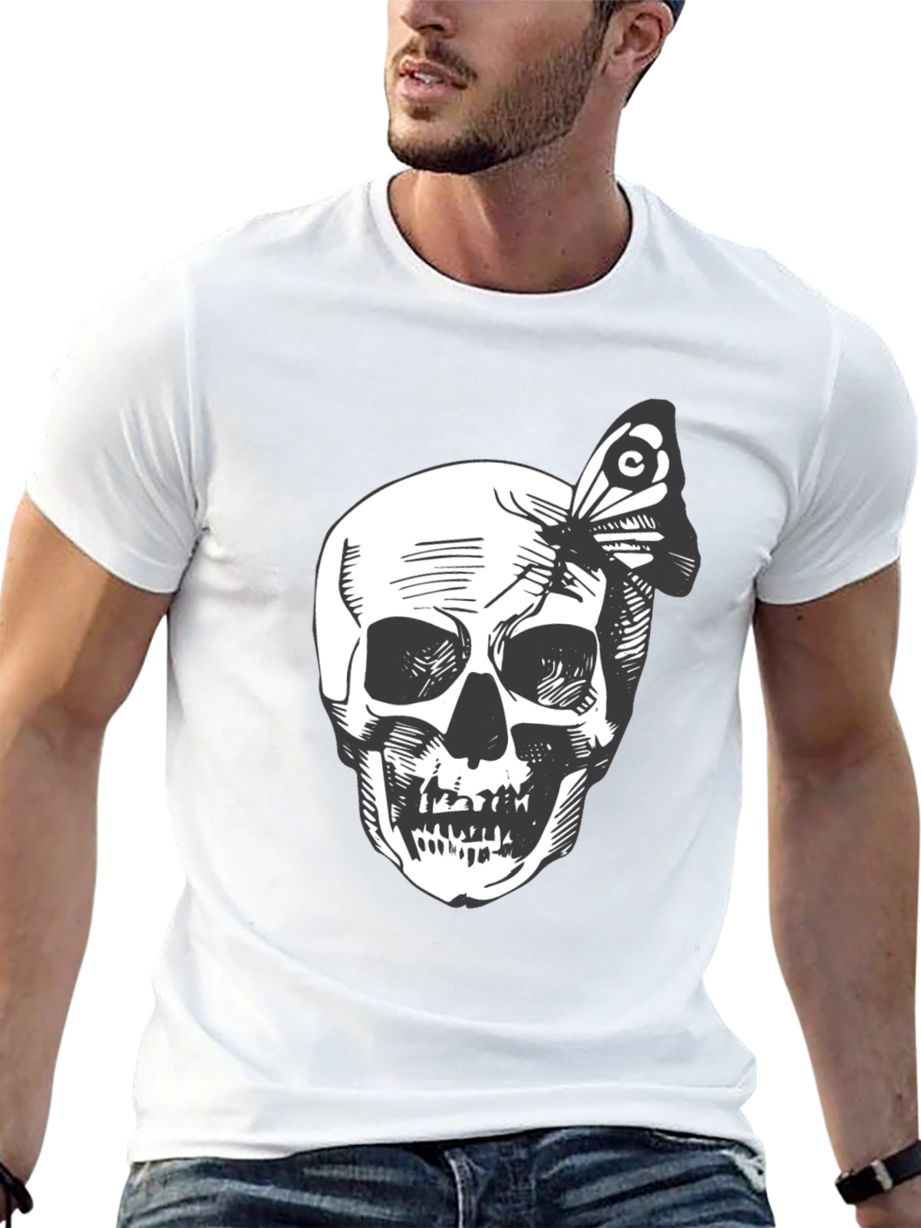 Skull and Butterfly Graphic Tee - Black Cotton