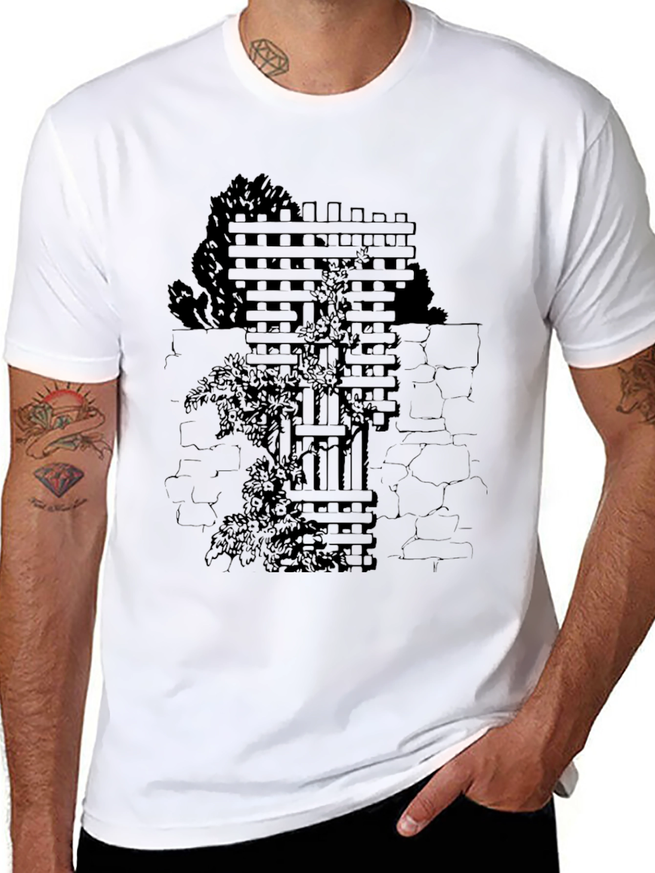 Mens Black T-Shirt with Wall & Vines Graphic