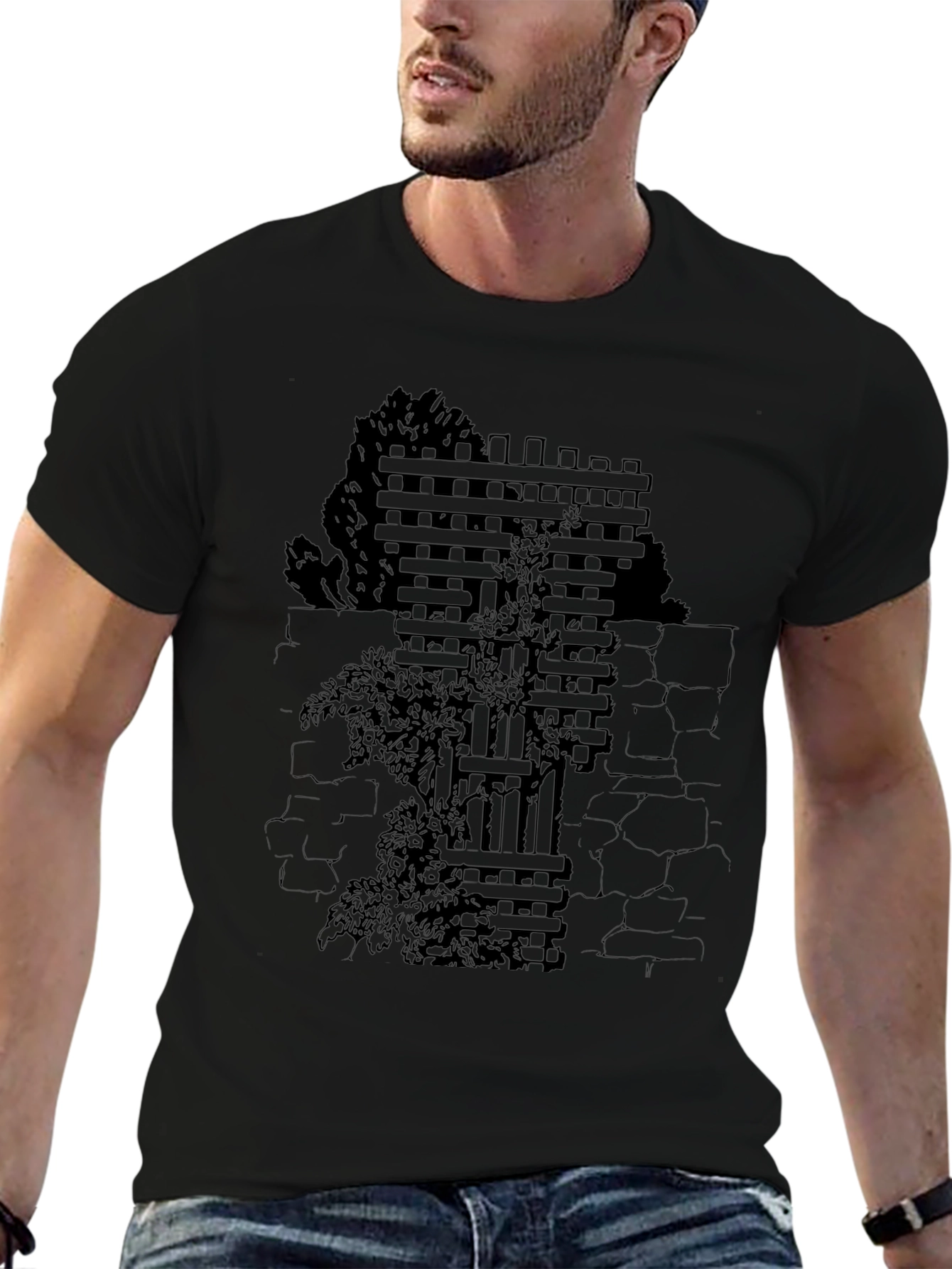 Mens Black T-Shirt with Wall & Vines Graphic