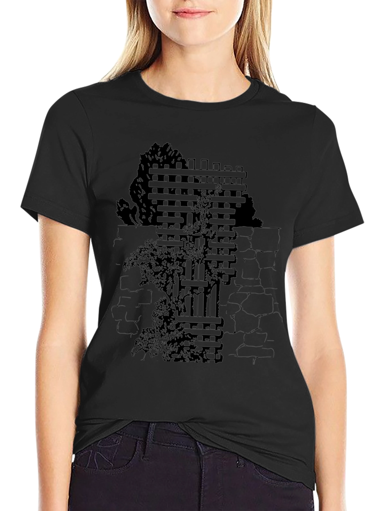 Mens Black T-Shirt with Wall & Vines Graphic