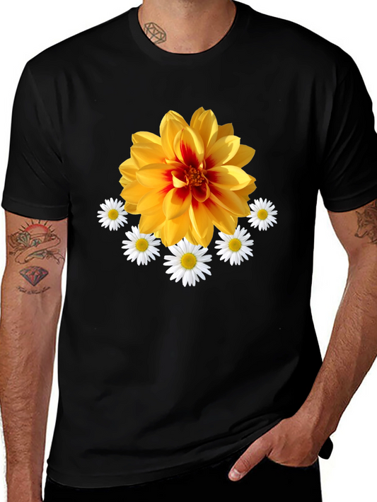 Floral Graphic T-Shirt: Yellow Dahlia & Daisies Black Tee