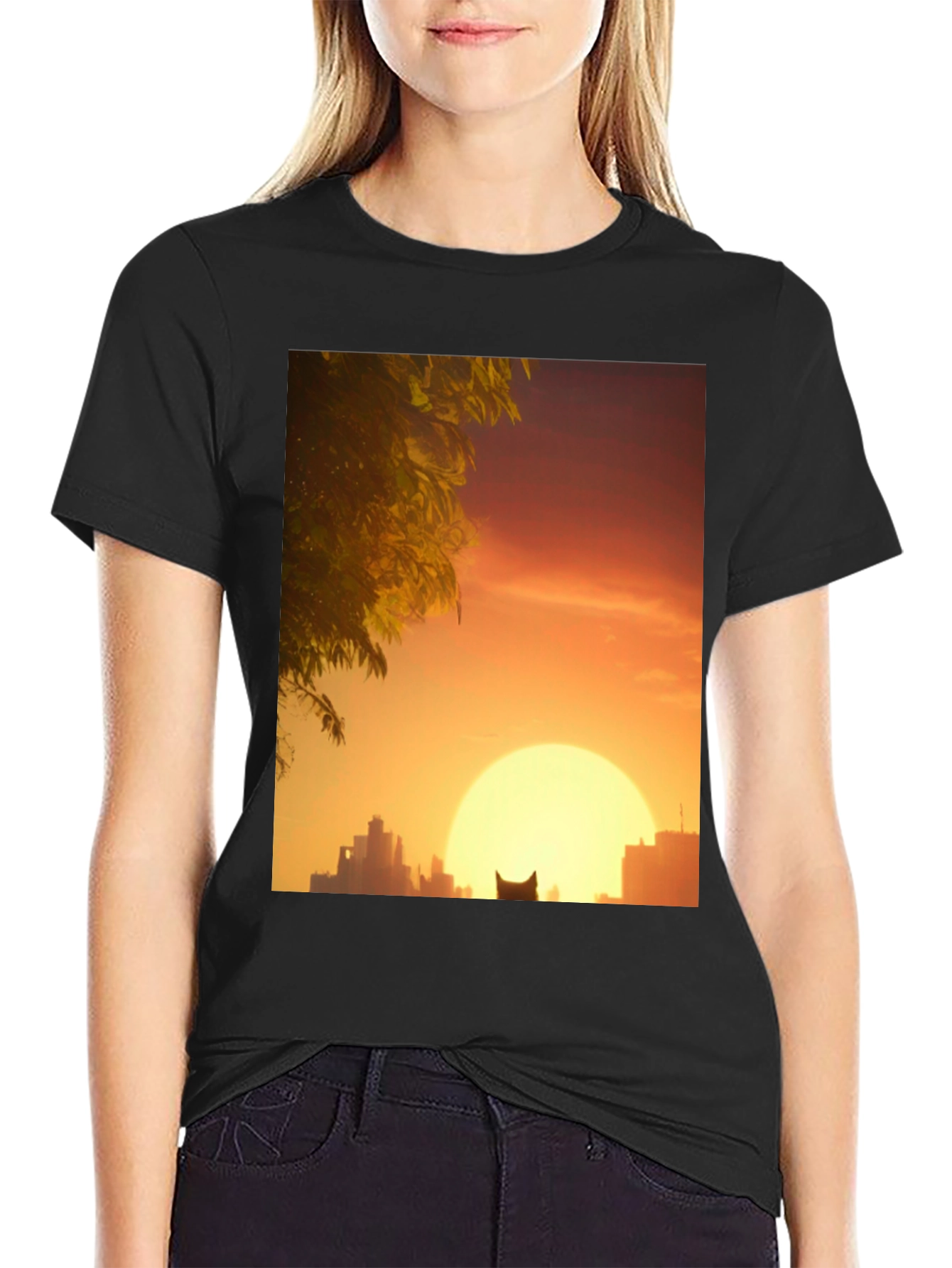 Sunset City Cat Black T-Shirt