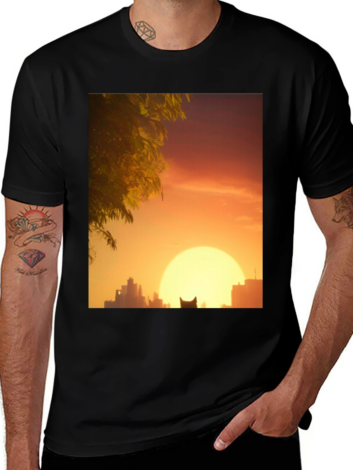 Sunset City Cat Black T-Shirt