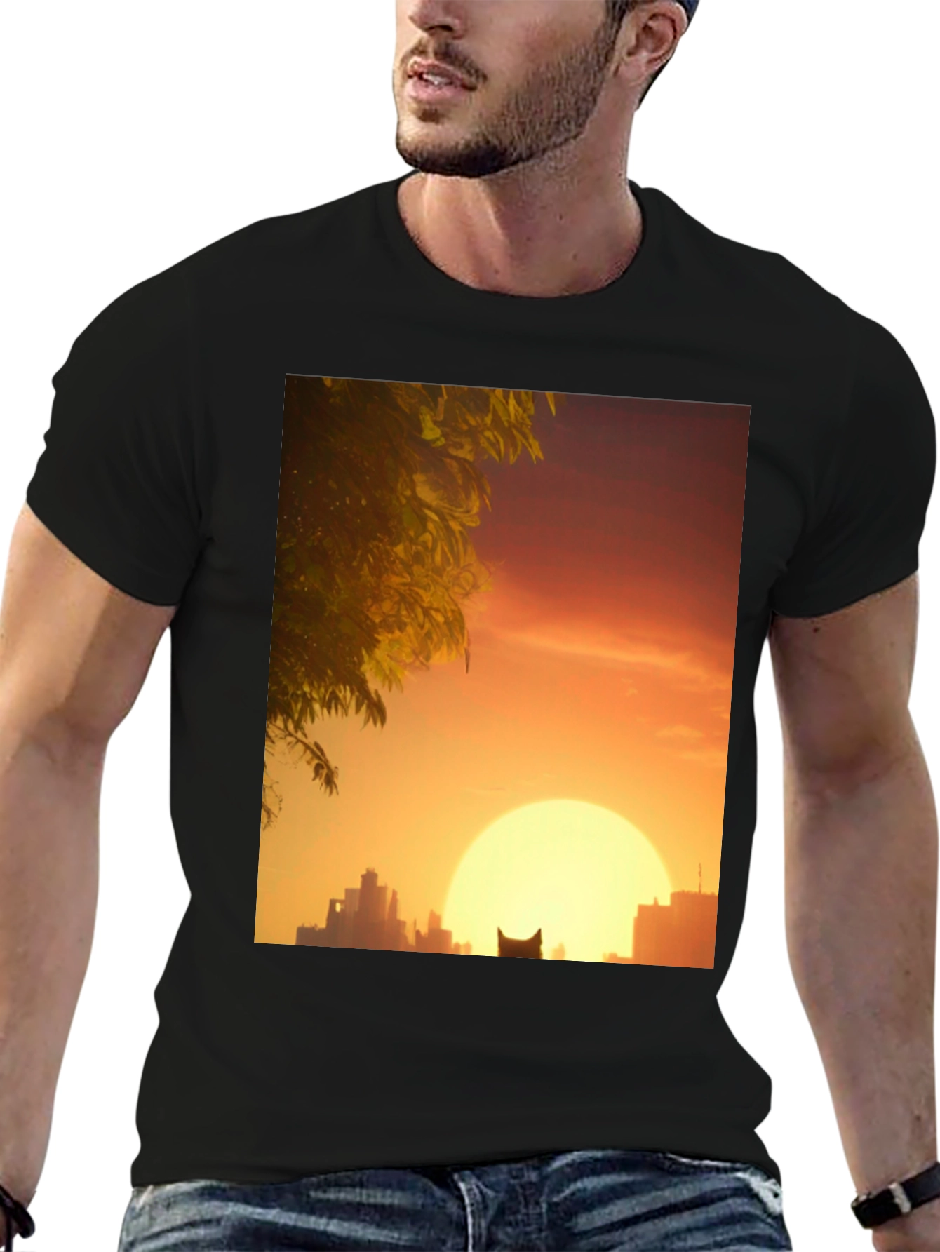 Sunset City Cat Black T-Shirt