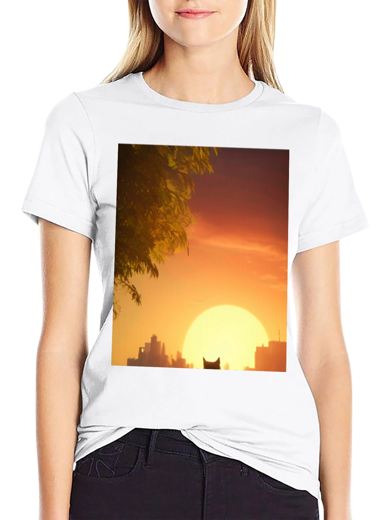 Sunset City Cat Black T-Shirt