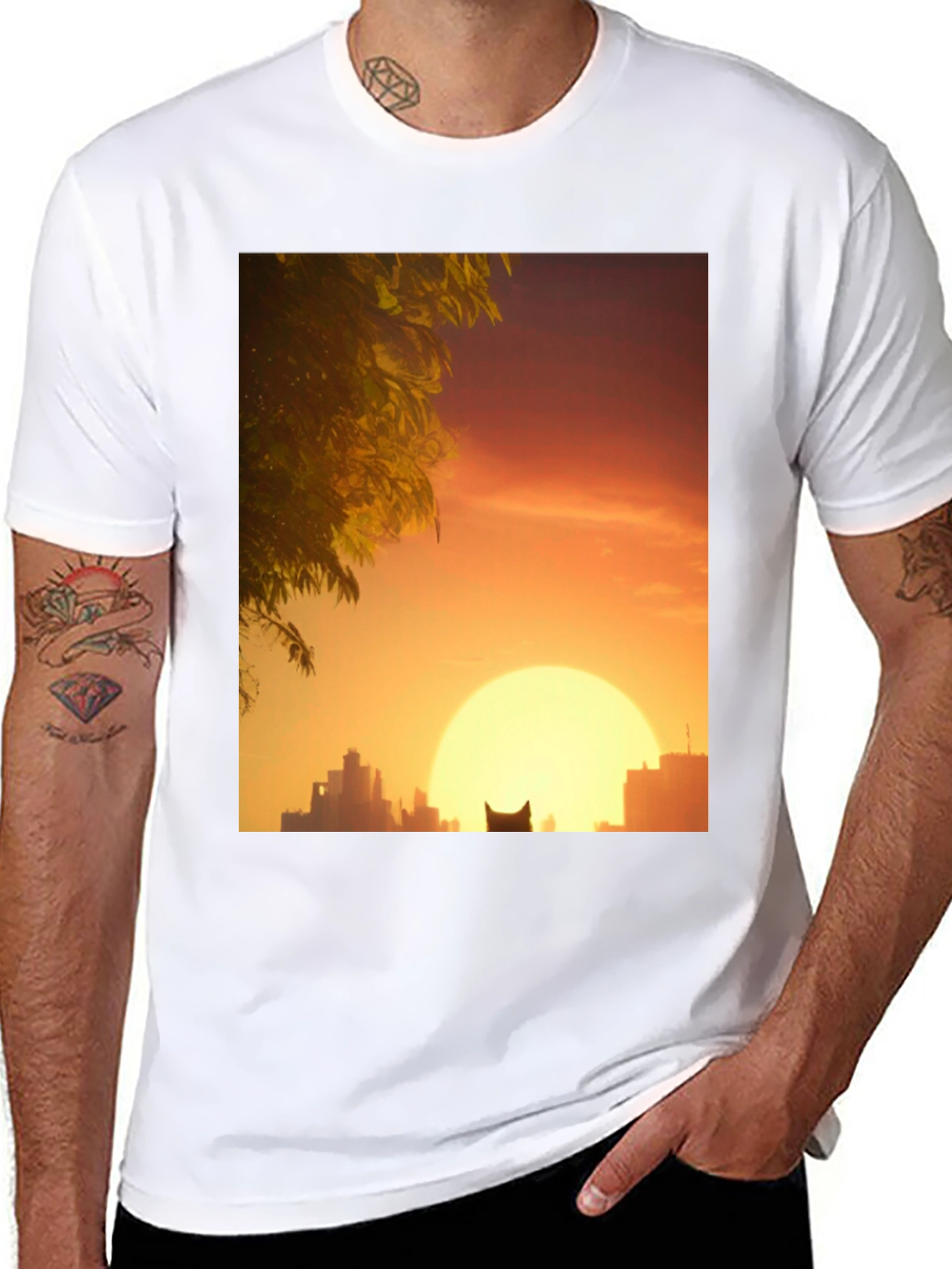 Sunset City Cat Black T-Shirt