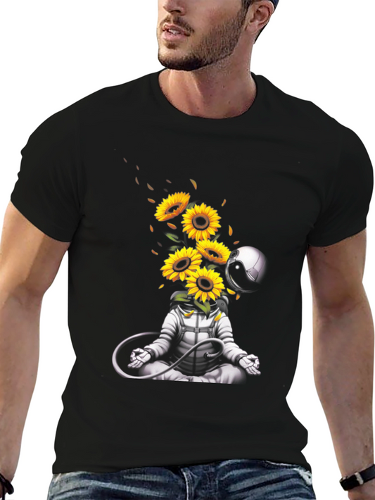 Meditating Astronaut with Sunflowers Graphic T-Shirt