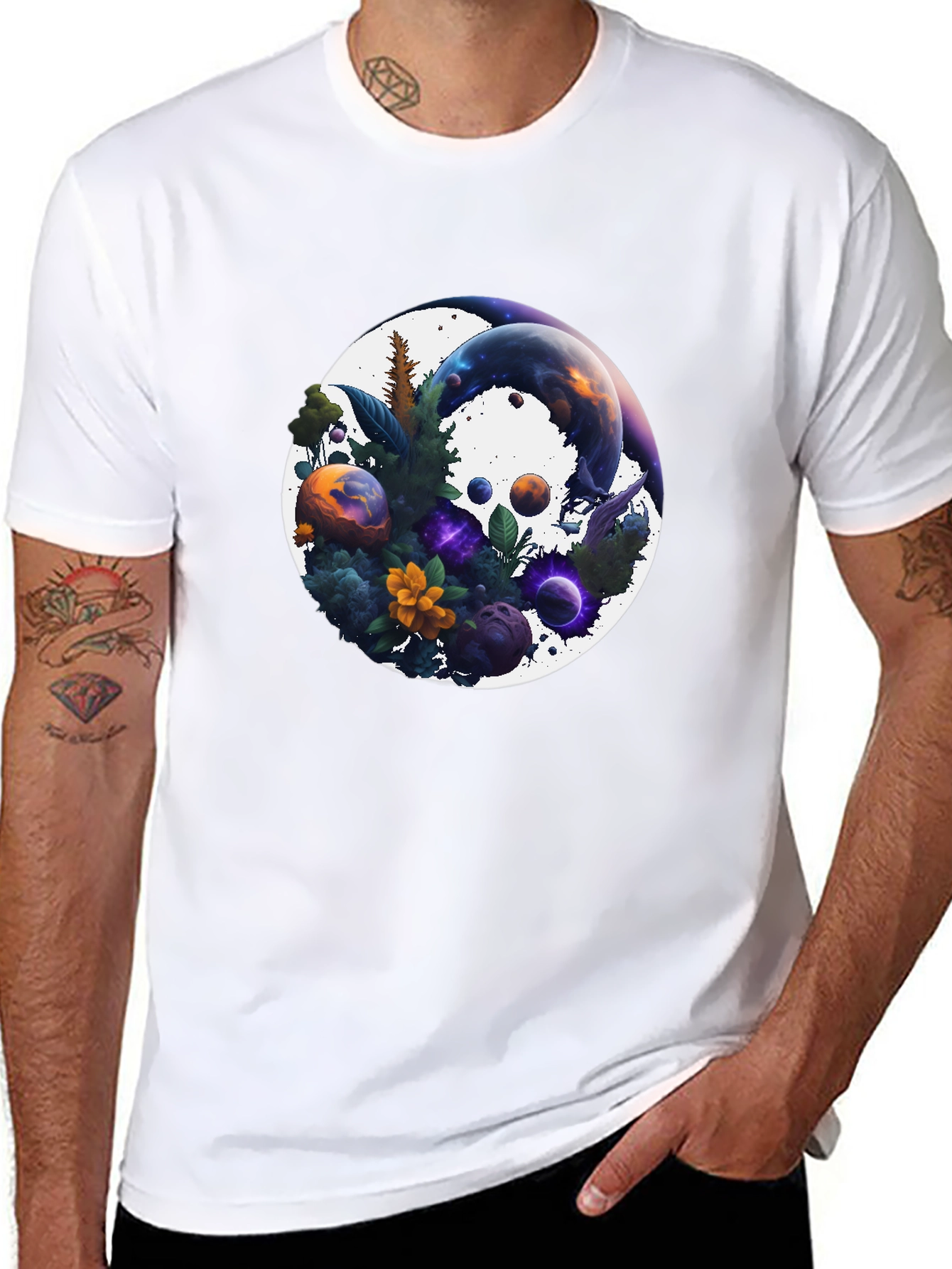 Cosmic Garden T-Shirt - Nature & Space Fusion